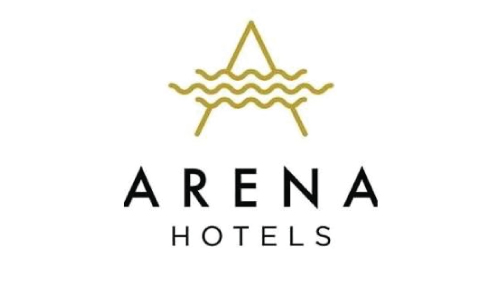 Arena Hotels logo with a gold stylized tent and waves above the word ARENA, and HOTELS beneath.
