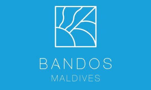 Bandos Maldives logo on a blue background with a white line-art square emblem and the words BANDOS MALDIVES underneath, in light font color
