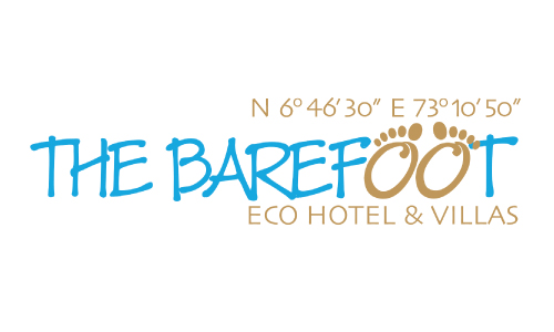 Logo for The Barefoot Eco Hotel & Villas with blue script text, brown subtitle, footprint icons, and coordinates N 6°46'30" E 73°10'50".