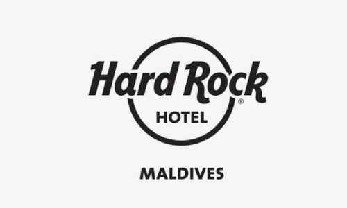 Hard Rock Hotel Maldives logo with circular emblem and bold typography on a light background.