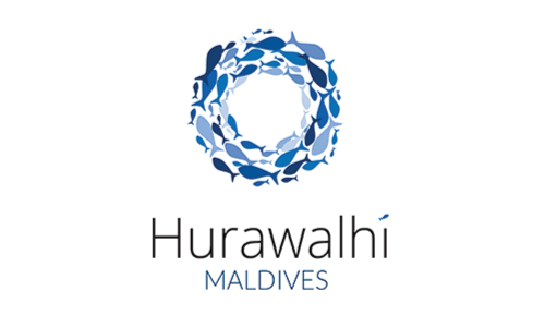 Hurawalhi Maldives logo with a blue circular wreath of fish above the brand name