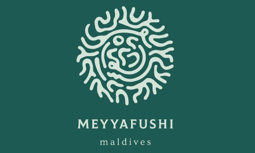 Brand logo for Meyyafushi Maldives: circular abstract sun motif in cream on teal background with the words 'MEYYAFUSHI' and 'maldives' beneath.