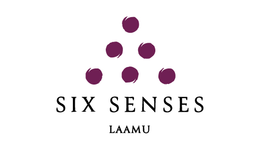 Six Senses Laamu logo with six purple circular motifs arranged in a pyramid above the words 'SIX SENSES' and 'LAAMU'.