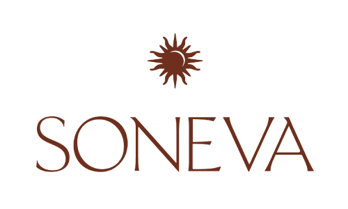 Soneva brand logo featuring a sun emblem above the word SONEVA in brown serif lettering
