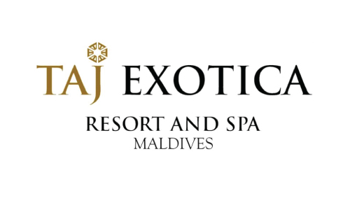 Taj Exotica Resort and Spa Maldives logo with gold Taj initials on white background.