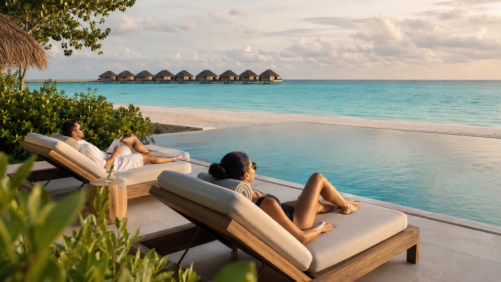 Adults relaxing beside a secluded Maldives resort infinity pool