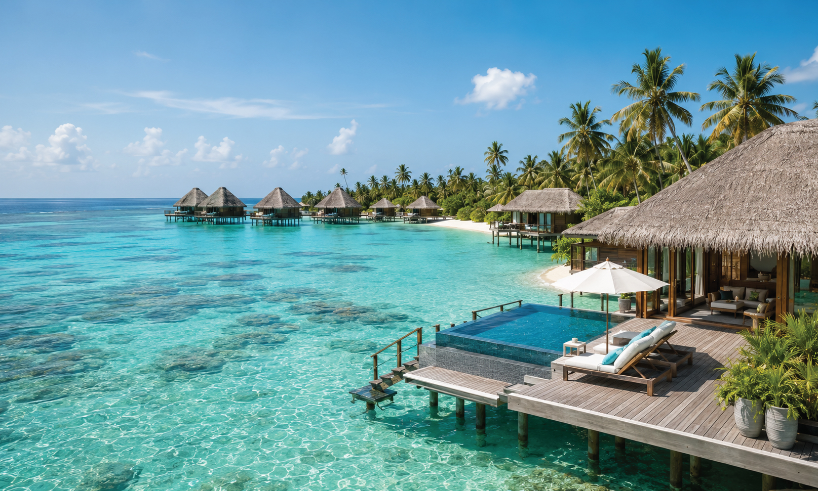 Luxury Maldives resort with overwater villas and turquoise lagoon