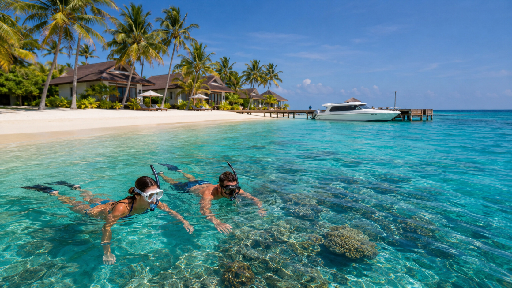 Travelers snorkeling beside a budget-friendly Maldives beach resort