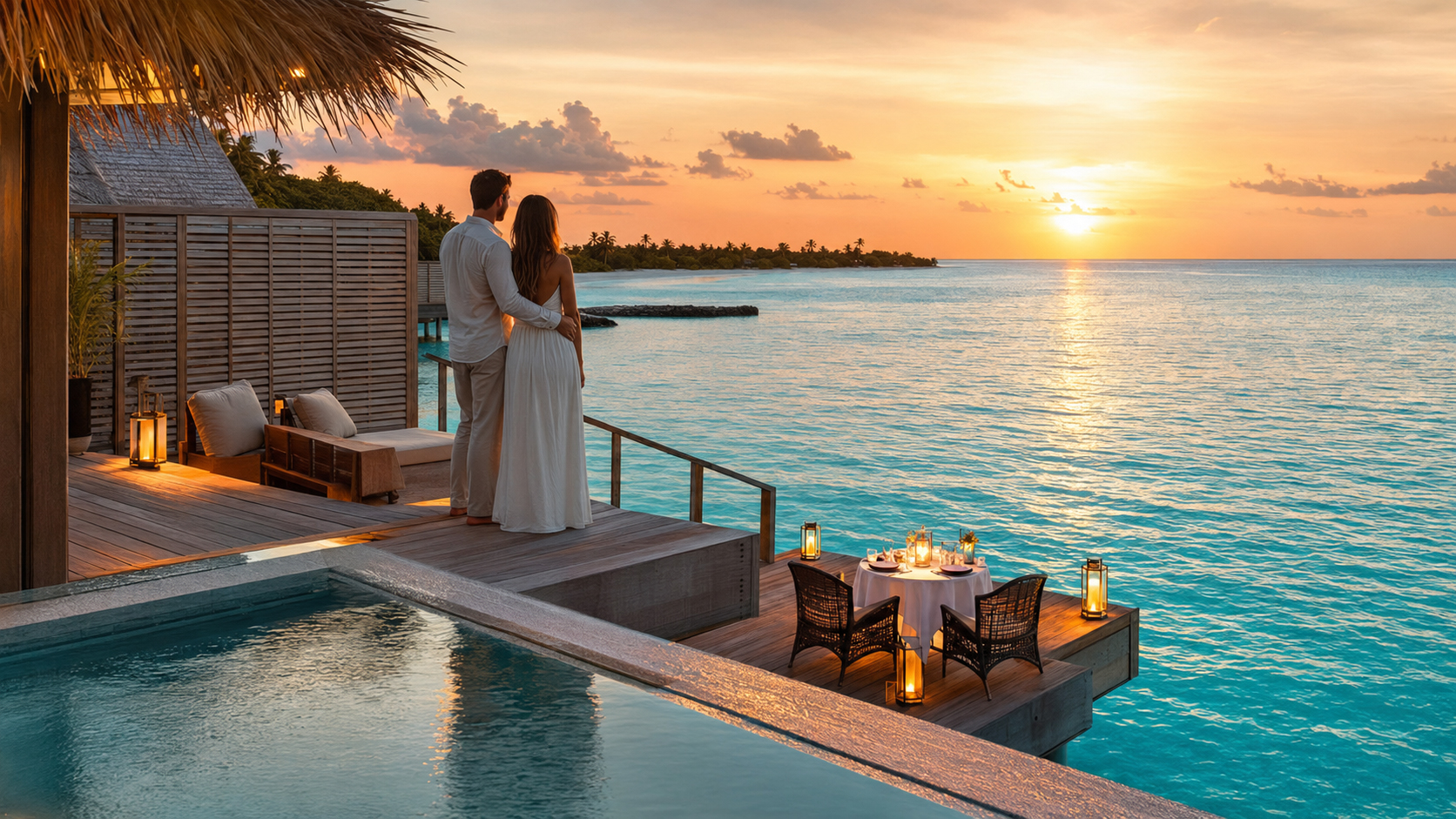 Couple enjoying a private sunset at a Maldives overwater resort