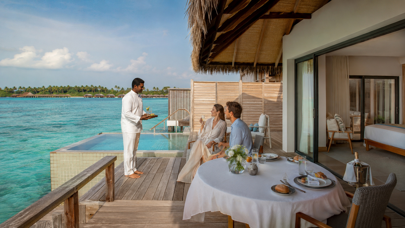 Couple receiving butler service at a luxury Maldives overwater villa