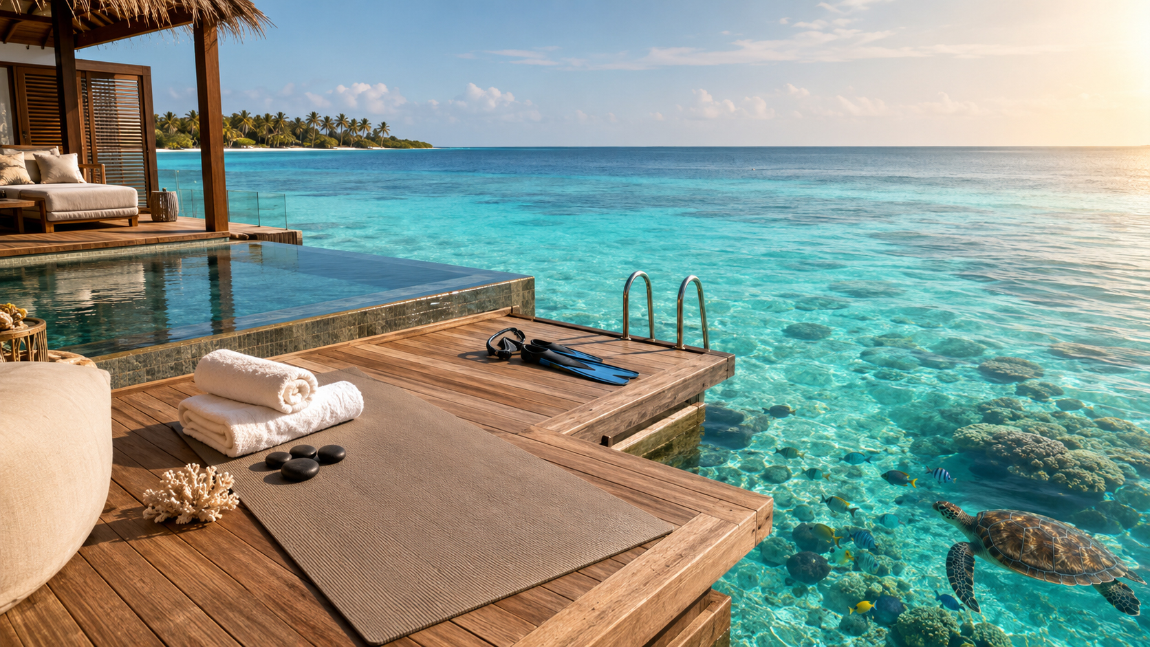 Overwater villa deck with wellness amenities, snorkeling equipment and tropical marine life in the Maldives