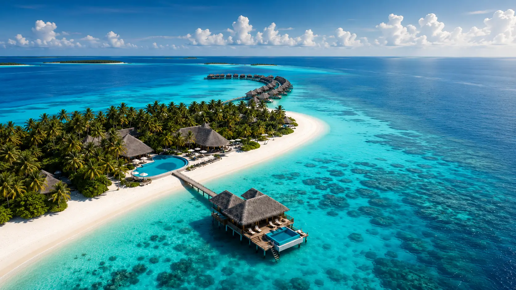 Luxury Maldives resort with turquoise lagoon and overwater villas