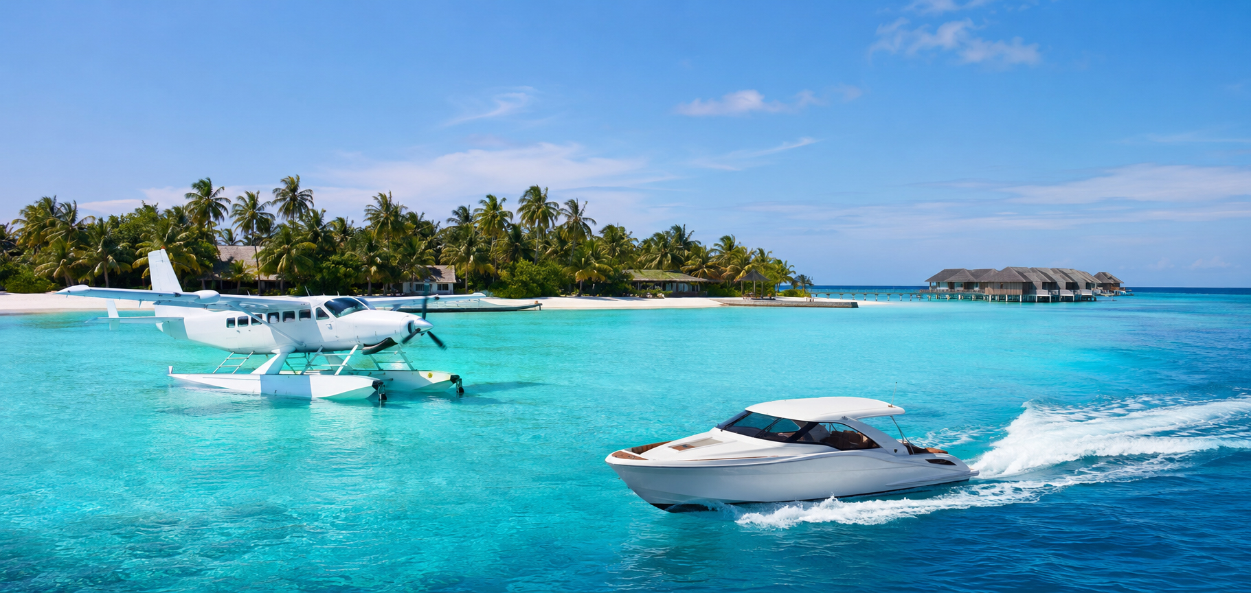 Seaplane and speedboat transfers at a Maldives island resort