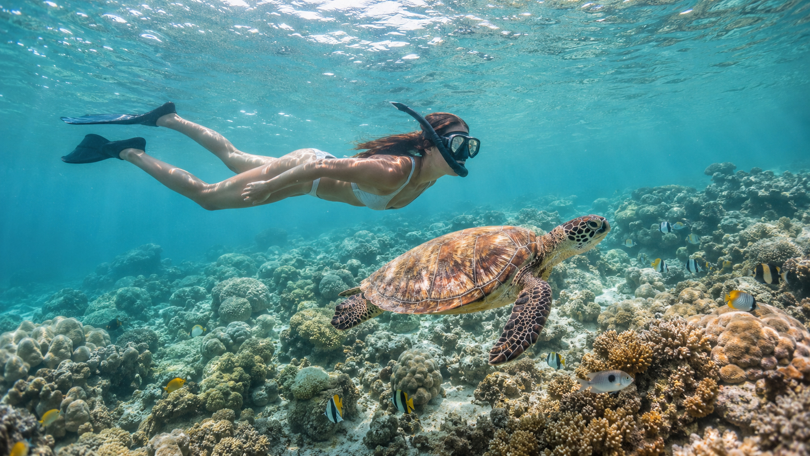 Snorkeler exploring a Maldives coral reef with a sea turtle and tropical fish