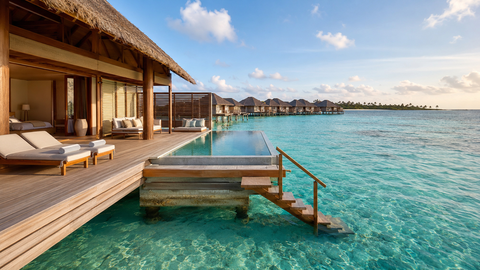 Private Maldives overwater villa deck with an infinity pool and direct lagoon access